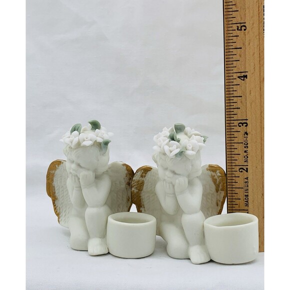 Vtg Cherub Angels 2 Candlestick Holders Ceramic Ivory Bisque 3" w/ Floral Crown - Picture 11 of 12